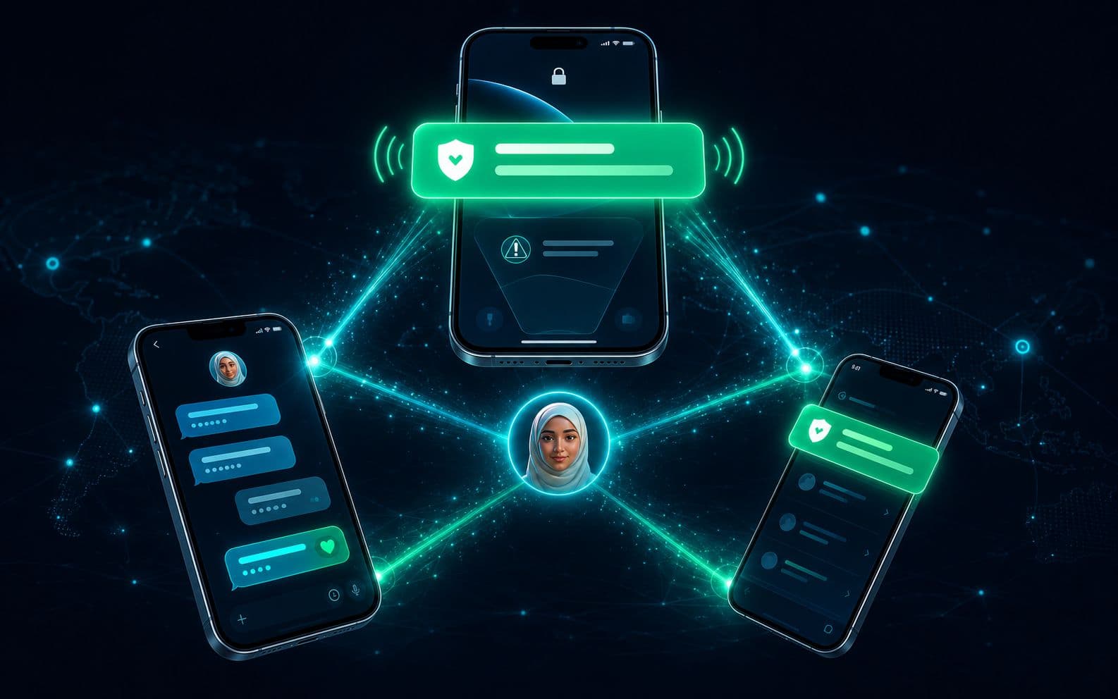 Safety alert from Amina — emerald notification flowing from the worker's phone to the agency manager and family at the same time