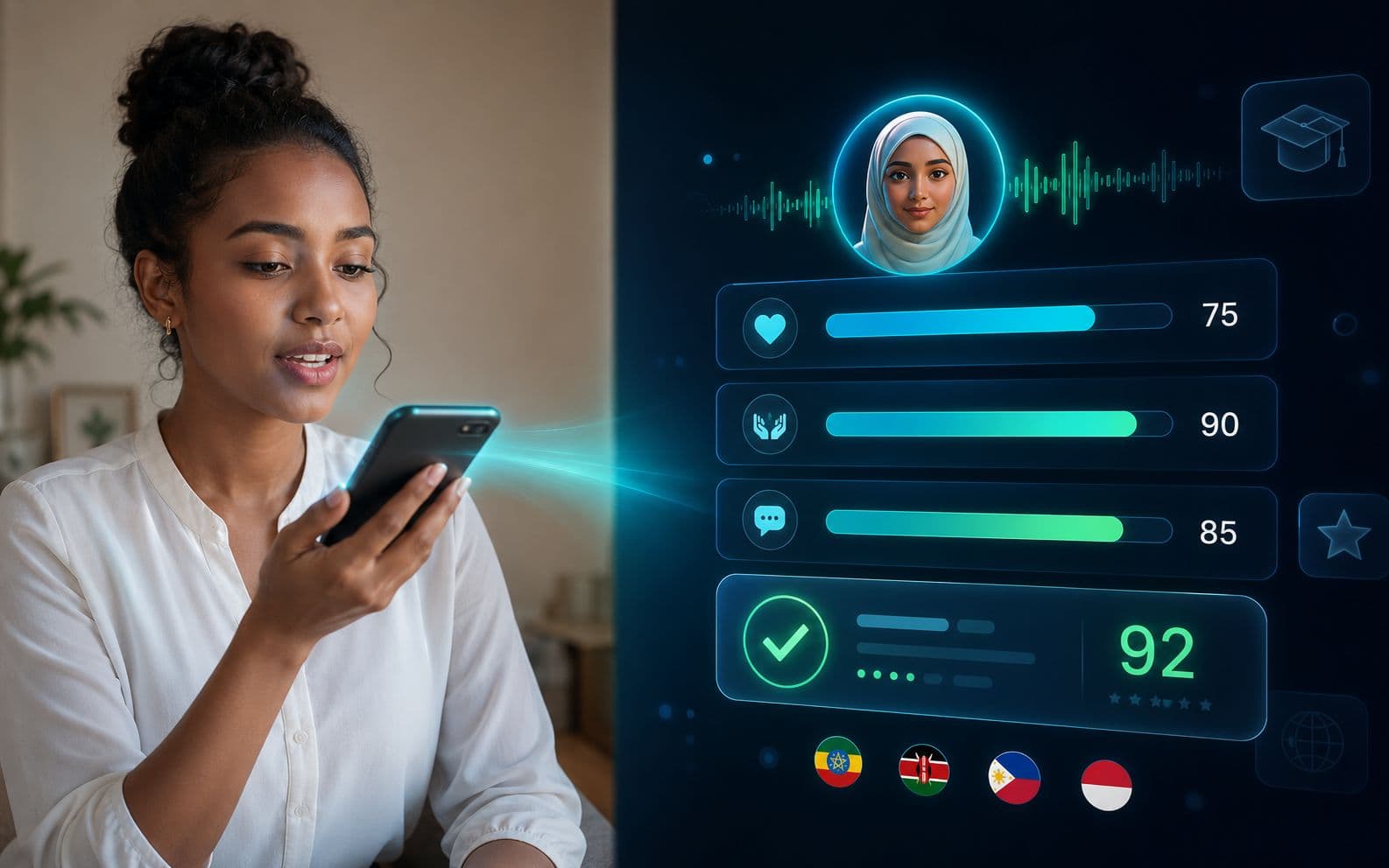 Amina conducting an AI-powered hiring interview with a domestic worker — split screen showing the worker speaking to her phone and the AI scoring dashboard