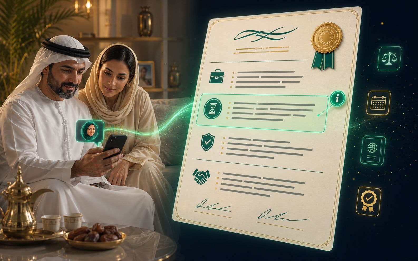 Nadia helping an Emirati couple understand their domestic worker contract section by section