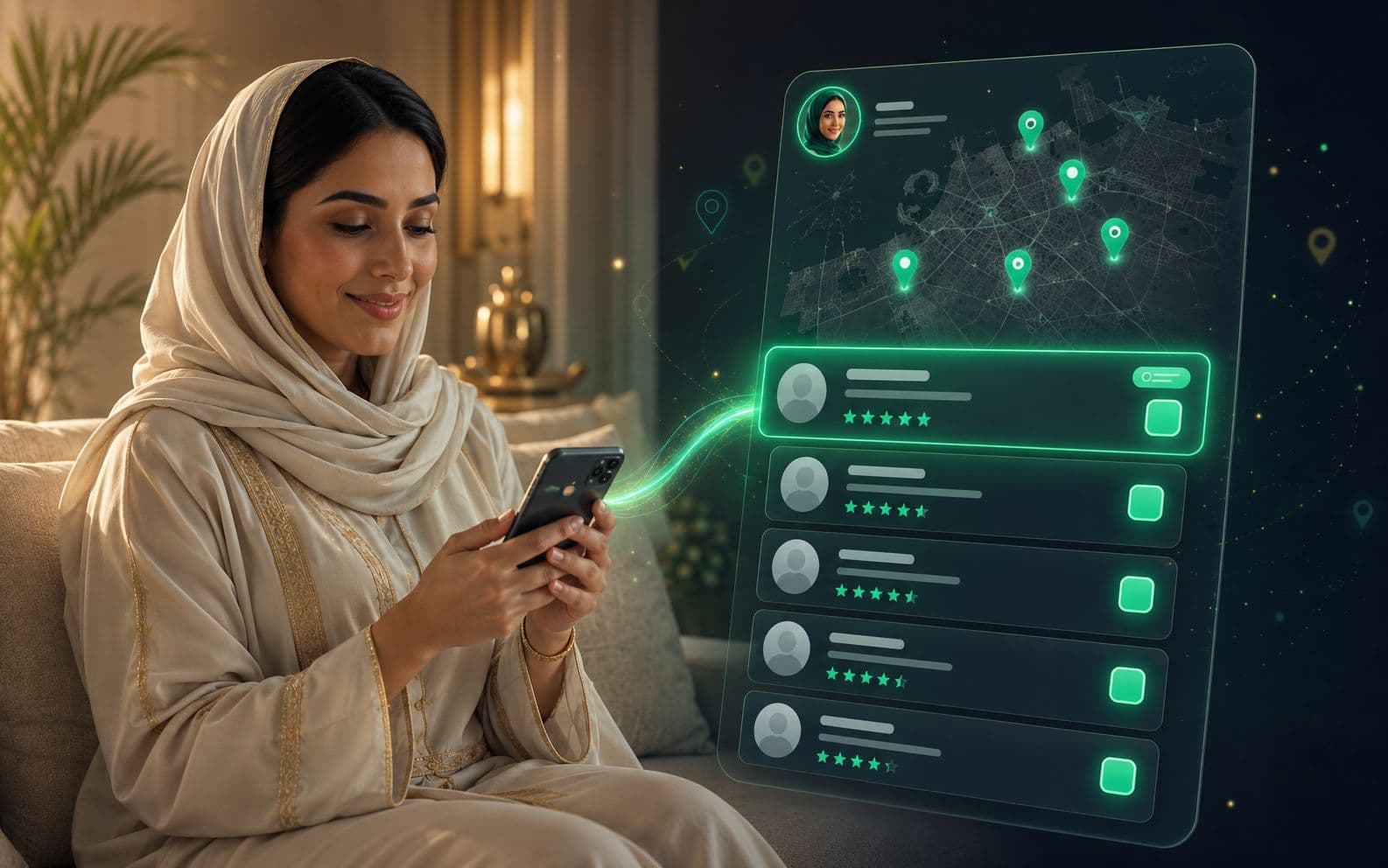 Nadia helping a UAE mother find the nearest Tadbeer center on a map with 5 verified results