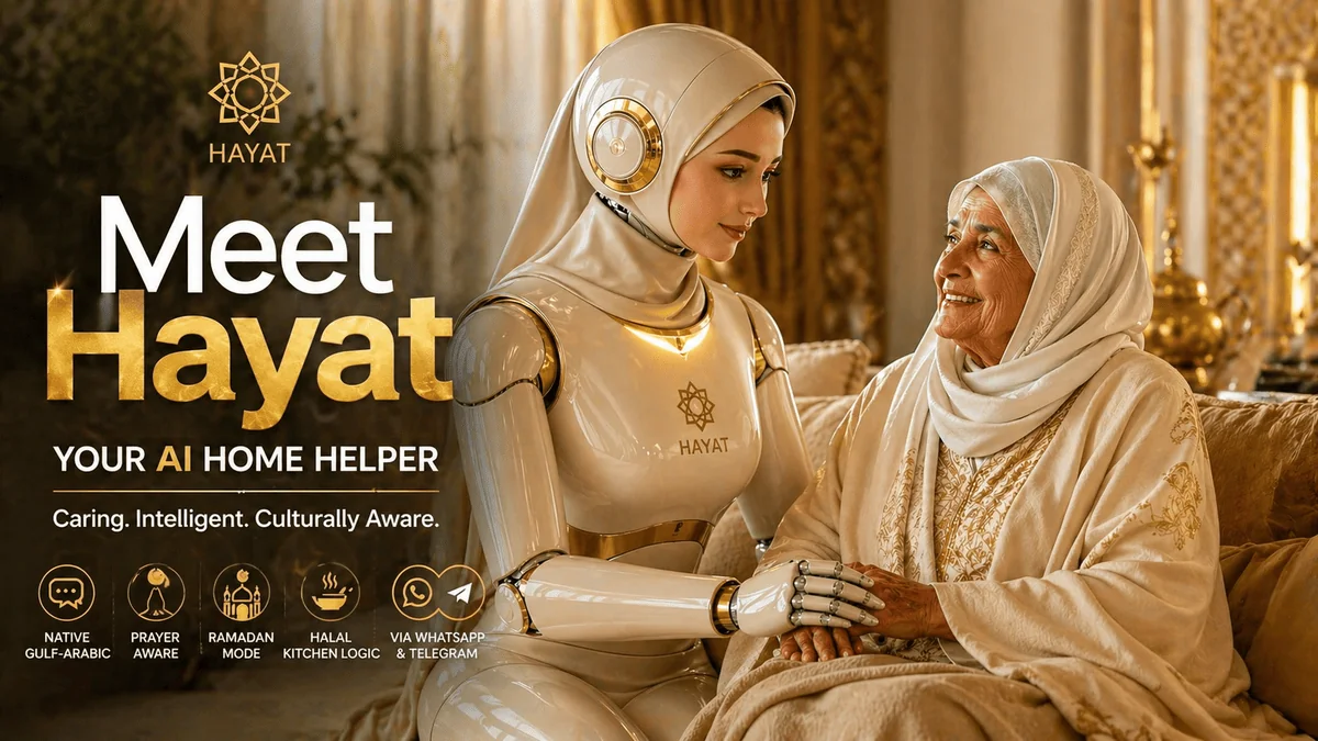 Meet Hayat — AI domestic helper robot in pearl-and-gold hijab sitting beside an elderly Emirati grandmother in a warm Gulf family home