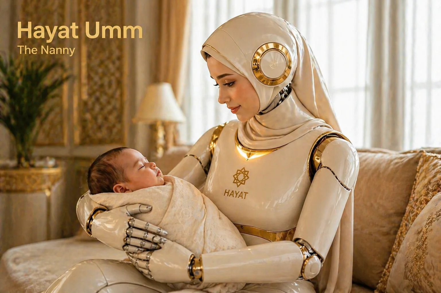 Hayat Umm, the AI nanny, gently cradling a sleeping baby wrapped in a soft blanket in a luxurious Gulf living room