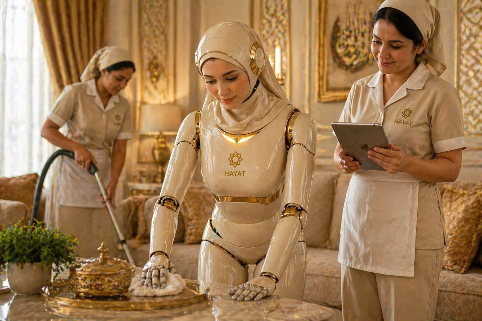 Hayat AI helper polishing a marble table while two Hayat-uniformed housekeepers clean the surrounding Gulf living room