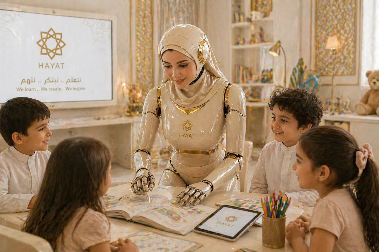 Hayat AI tutor teaching four young Arab children at a study table, with a screen showing the slogan We learn, we create, we inspire in Arabic and English