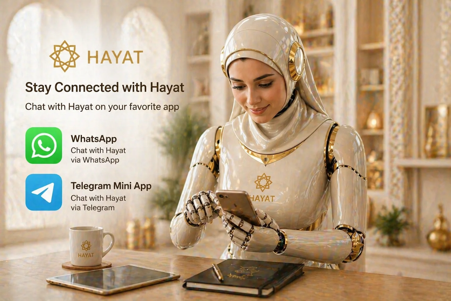 Hayat AI helper using a smartphone to chat with a family via WhatsApp and Telegram Mini App, beside a Hayat-branded coffee mug and tablet